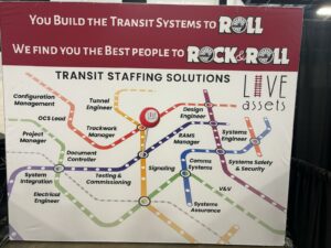 Live Assets promotional poster. Features headline: "You Build the Transit Systems to Roll. We find you the best people to rock & roll"